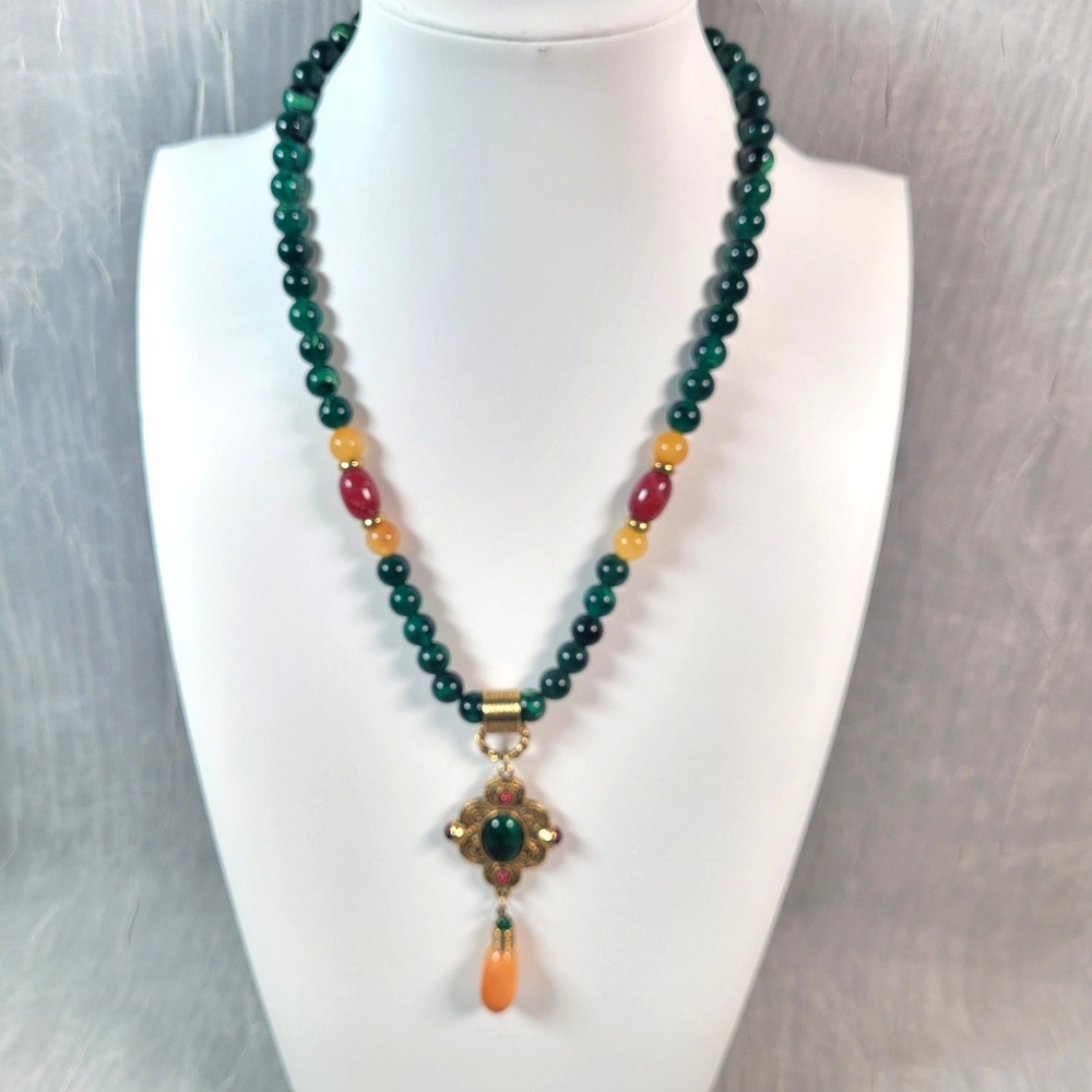 1928 Jewelry Colorful Acrylic Stone Pendant Necklace Beaded Filigree Green Red